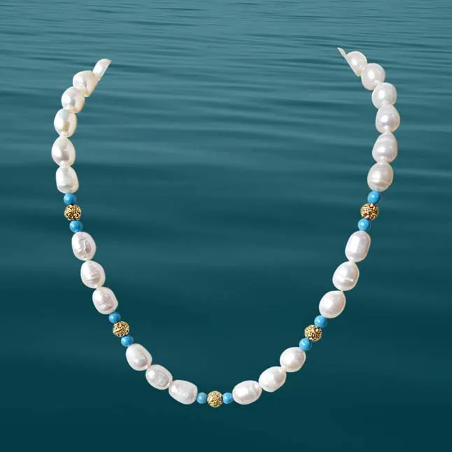 Single Line Turquoise, Big Elongated Pearl and Gold Plated Ball Necklace for Women (SN913)