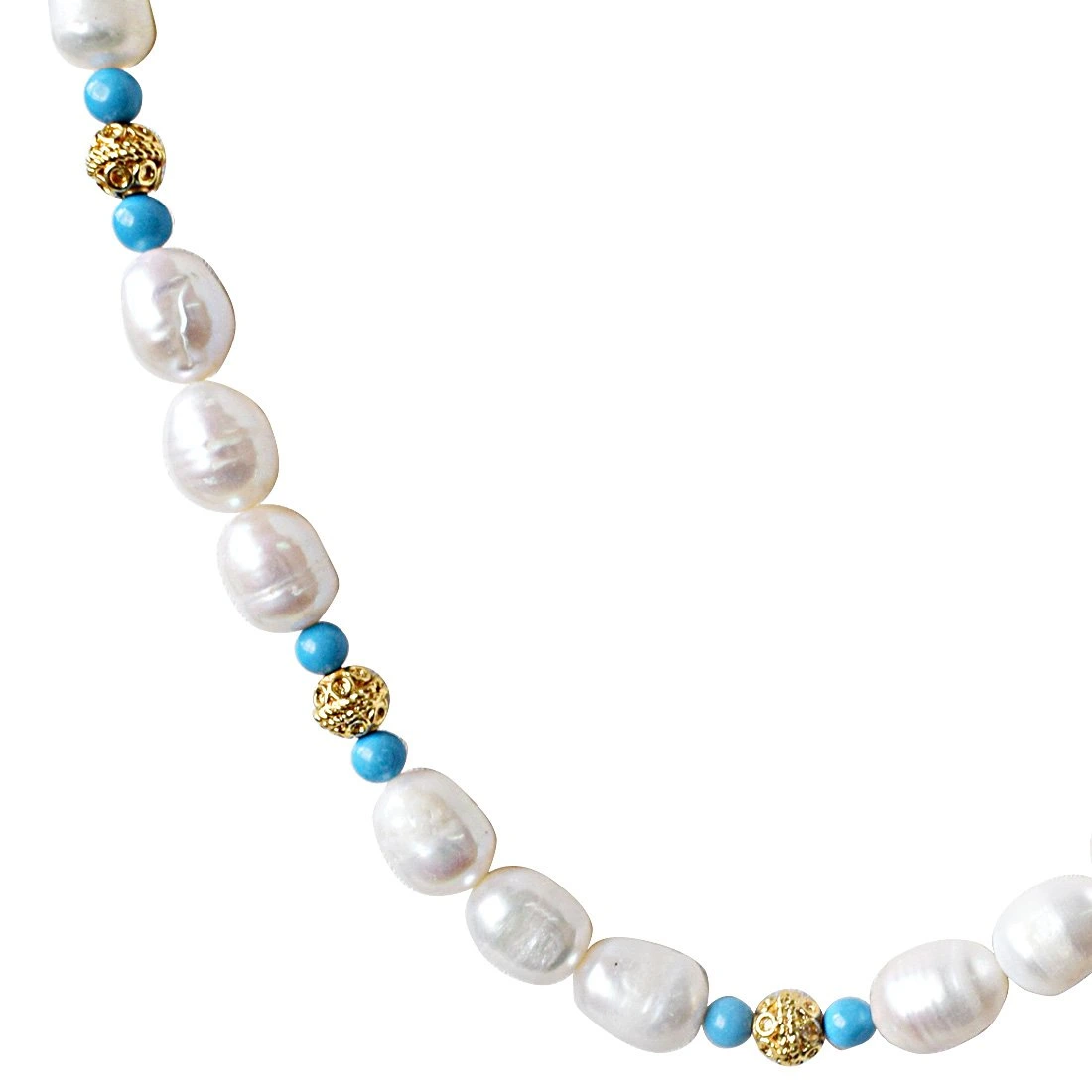 Single Line Turquoise, Big Elongated Pearl and Gold Plated Ball Necklace for Women (SN913)