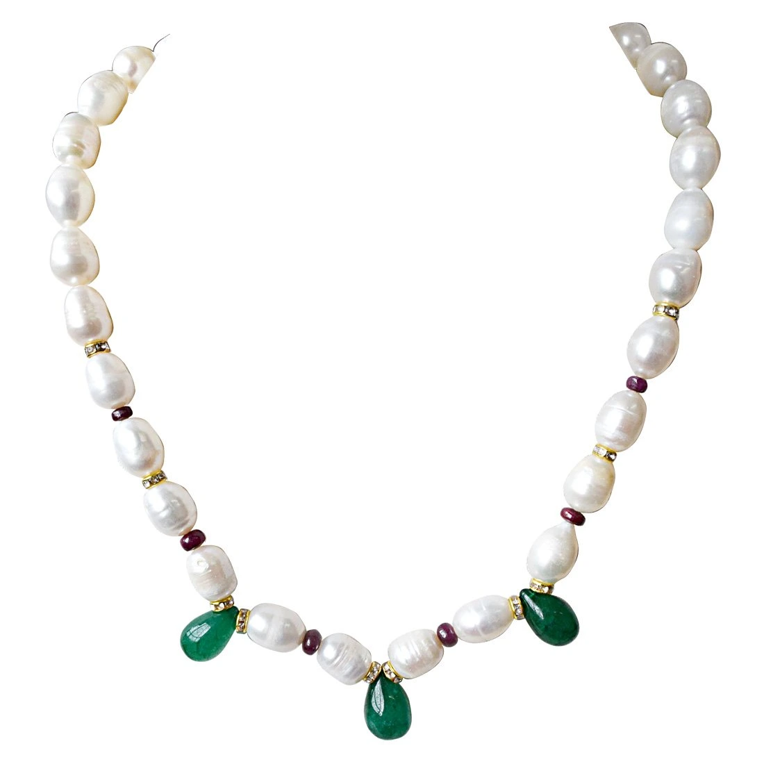 Single Line Drop Green Onyx, Red Ruby Beads, Stone Ring and Big Elongated Pearl Necklace for Women (SN914)