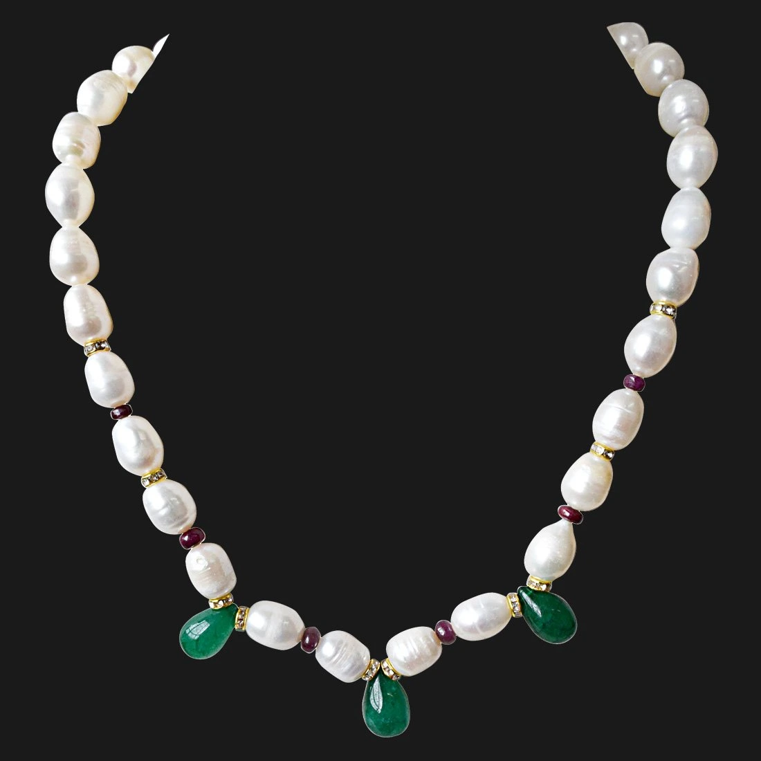 Single Line Drop Green Onyx, Red Ruby Beads, Stone Ring and Big Elongated Pearl Necklace for Women (SN914)