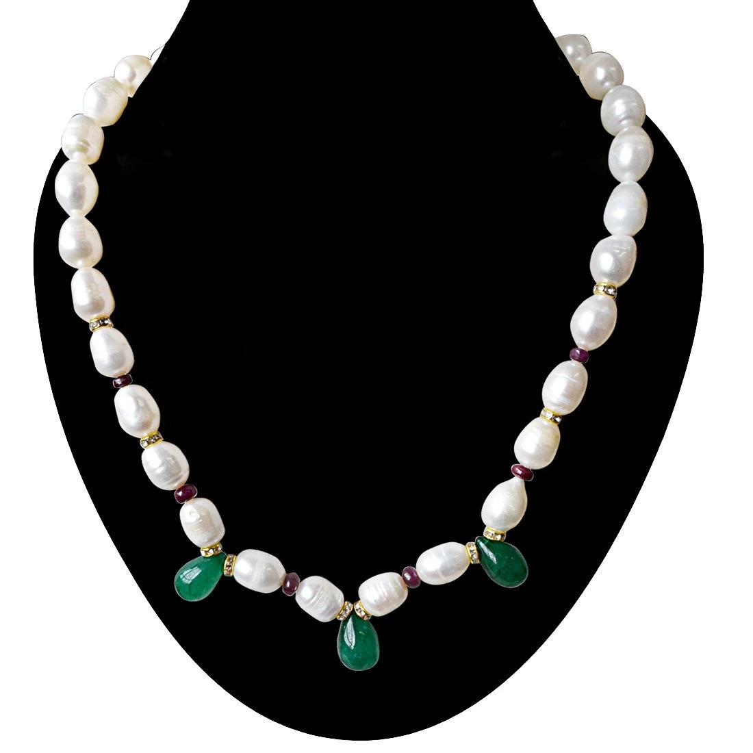 Single Line Drop Green Onyx, Red Ruby Beads, Stone Ring and Big Elongated Pearl Necklace for Women (SN914)