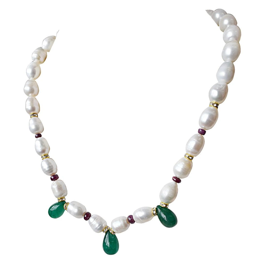 Single Line Drop Green Onyx, Red Ruby Beads, Stone Ring and Big Elongated Pearl Necklace for Women (SN914)
