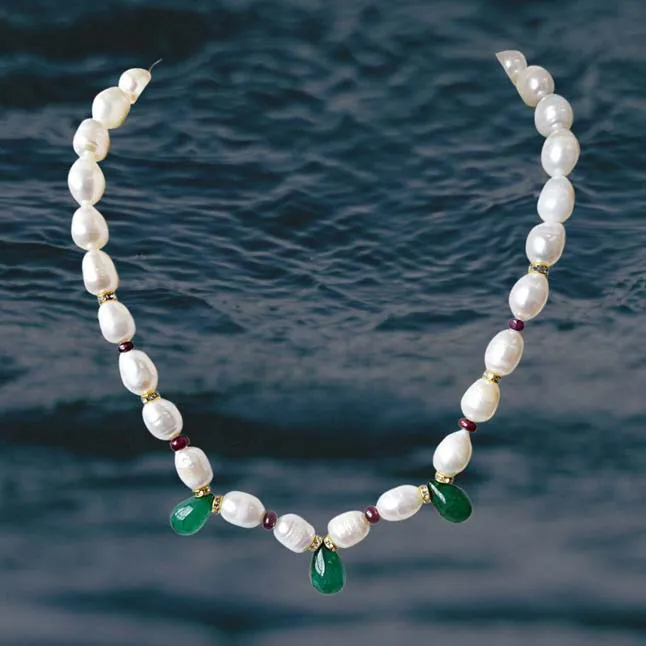 Single Line Drop Green Onyx, Red Ruby Beads, Stone Ring and Big Elongated Pearl Necklace for Women (SN914)