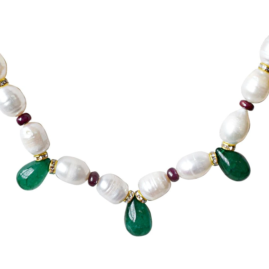 Single Line Drop Green Onyx, Red Ruby Beads, Stone Ring and Big Elongated Pearl Necklace for Women (SN914)