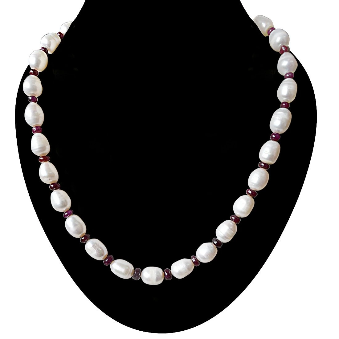 Single Line Real Red Ruby Beads an Big Elongated Pearl Necklace for Women (SN915)
