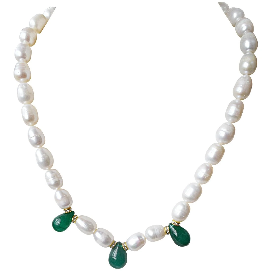 Single Line Drop Green Onyx, Stone Ring and Big Elongated Pearl Necklace for Women (SN916)