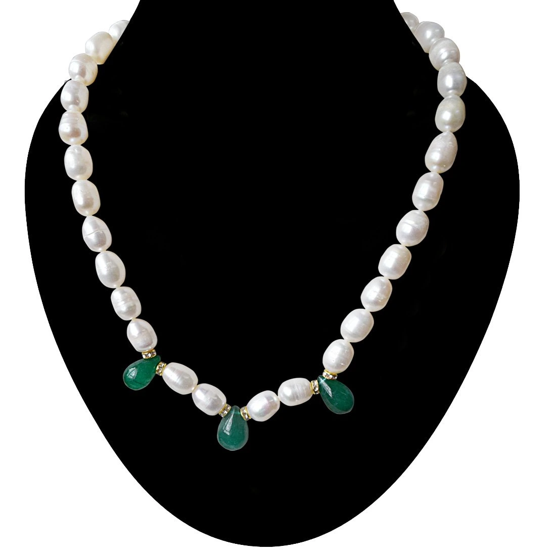 Single Line Drop Green Onyx, Stone Ring and Big Elongated Pearl Necklace for Women (SN916)