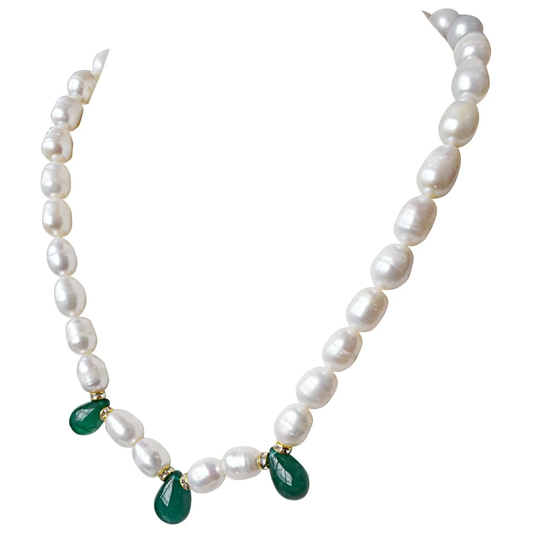 Single Line Drop Green Onyx, Stone Ring and Big Elongated Pearl Necklace for Women (SN916)