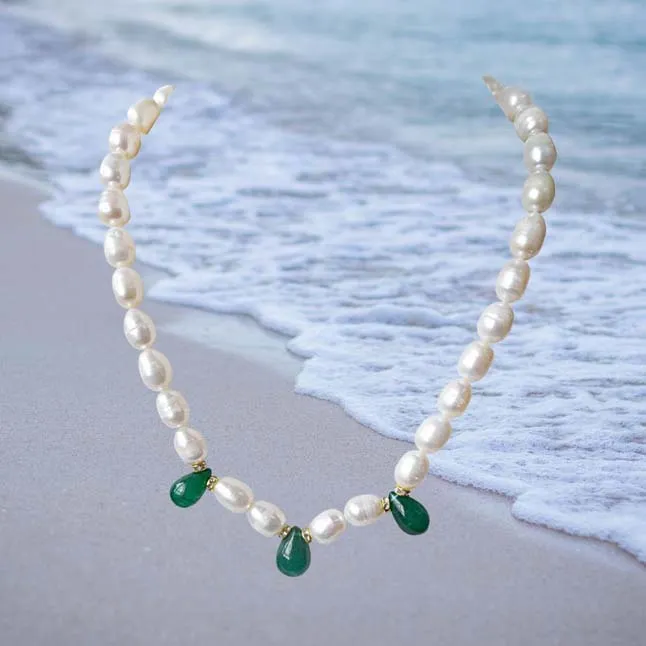 Single Line Drop Green Onyx, Stone Ring and Big Elongated Pearl Necklace for Women (SN916)