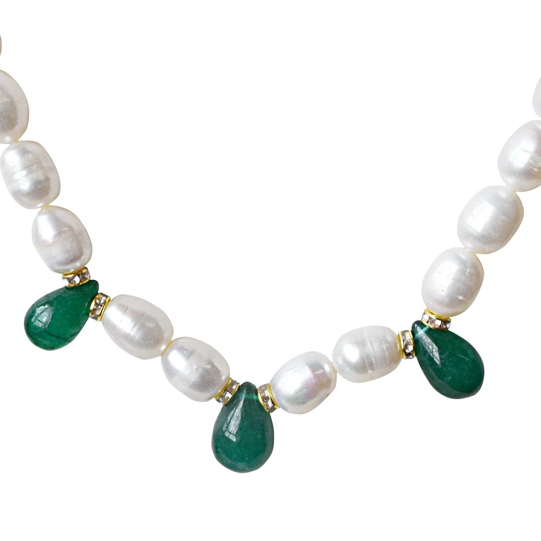 Single Line Drop Green Onyx, Stone Ring and Big Elongated Pearl Necklace for Women (SN916)