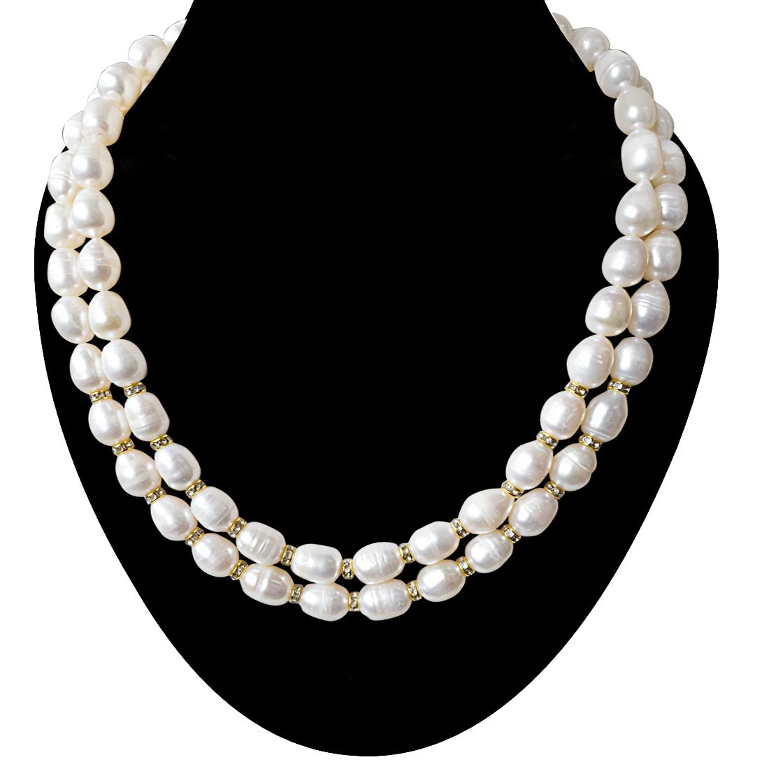 2 Line Heavy Looking Real Big Elongated Pearl and Stone Ring Necklace for Women (SN919)