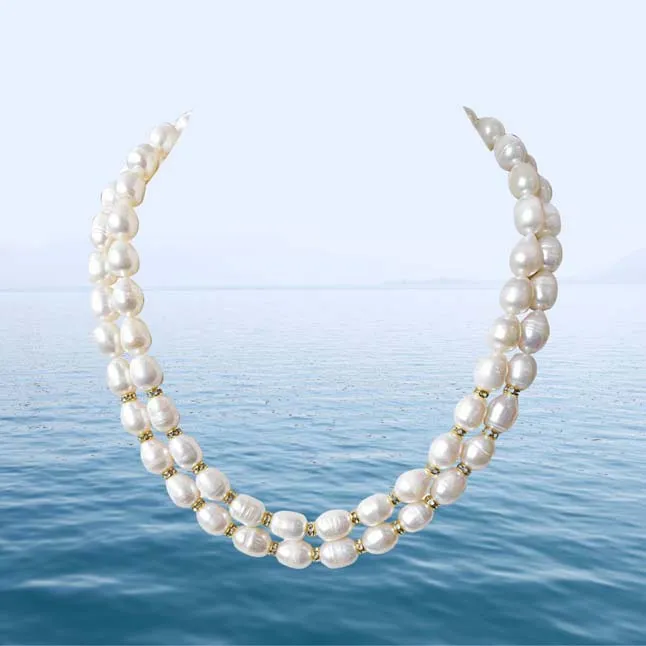 2 Line Heavy Looking Real Big Elongated Pearl and Stone Ring Necklace for Women (SN919)