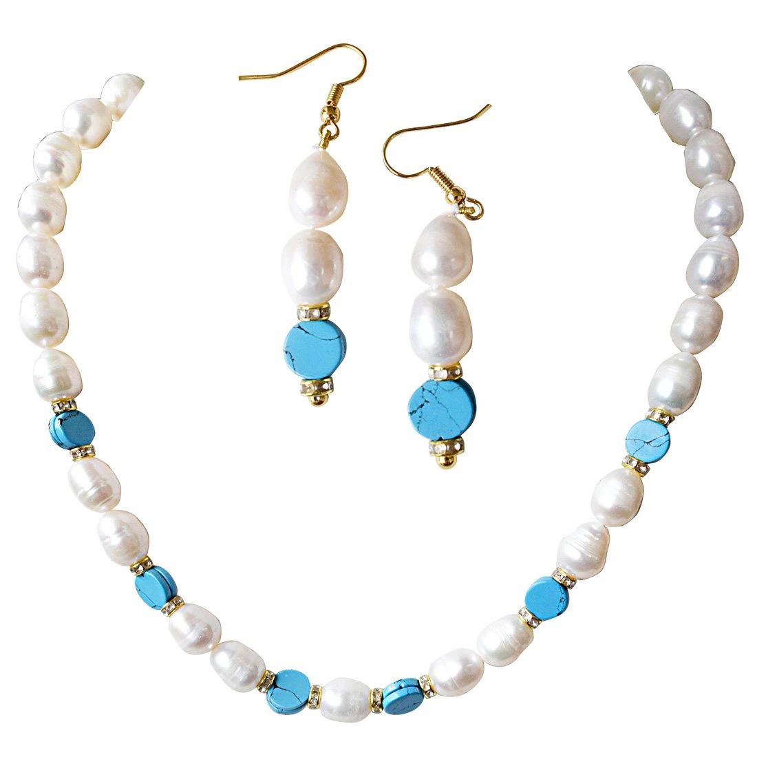 Real Big Elongated Pearl & Blue Turquoise Disc Necklace & Earring Set (SN922)