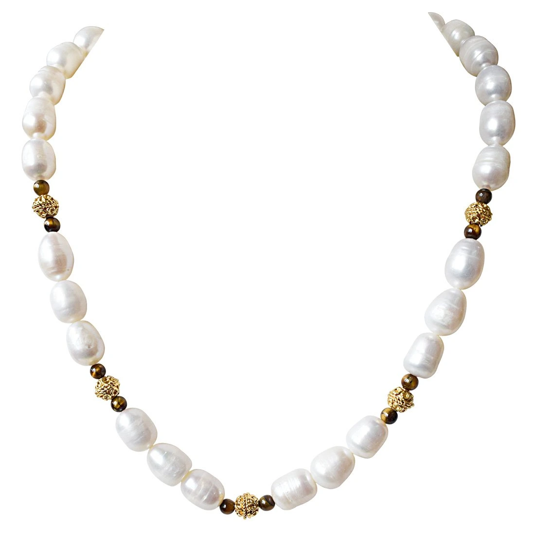 Single Line Tiger Eye, Big Elongated Pearl and Gold Plated Ball Necklace for Women (SN923)