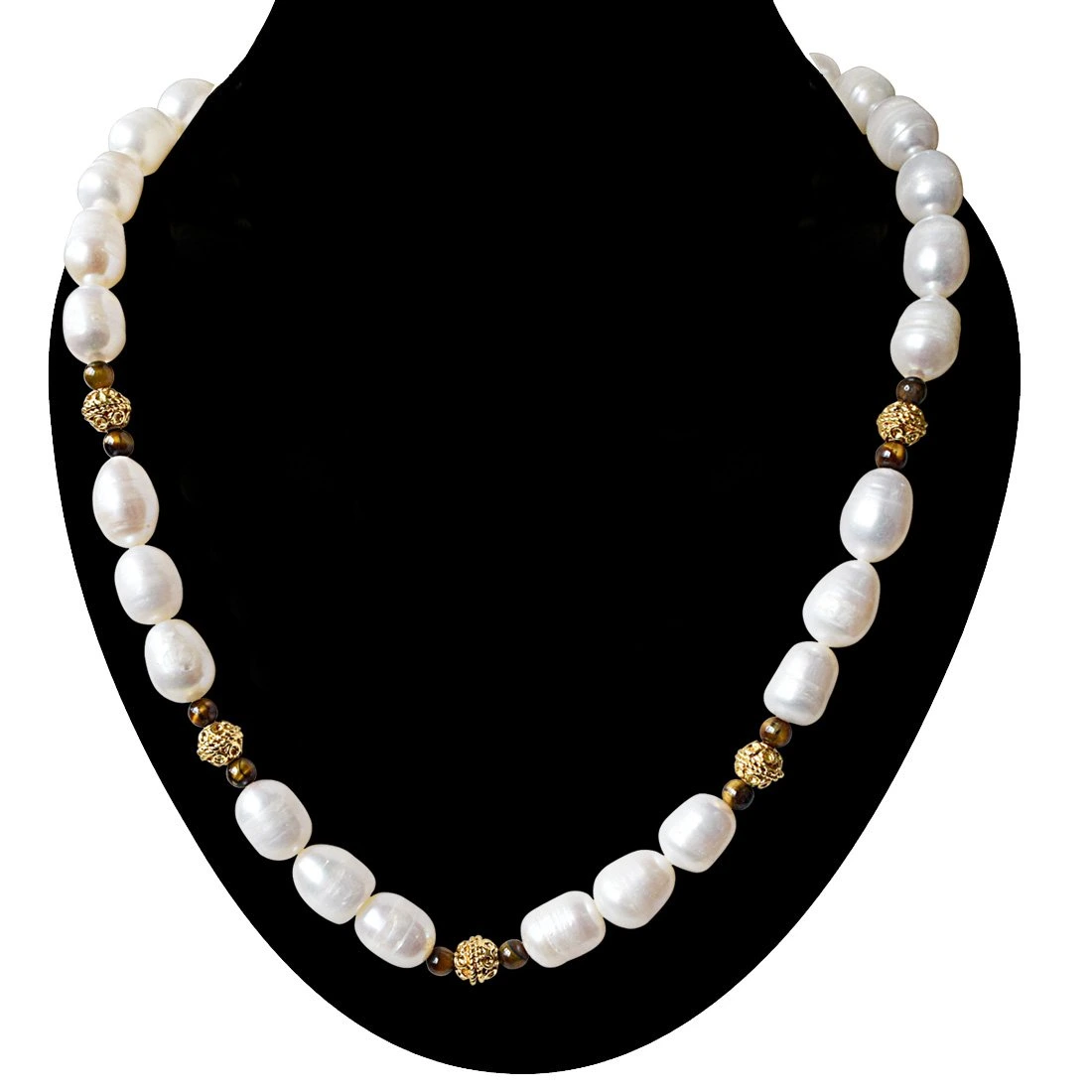 Single Line Tiger Eye, Big Elongated Pearl and Gold Plated Ball Necklace for Women (SN923)