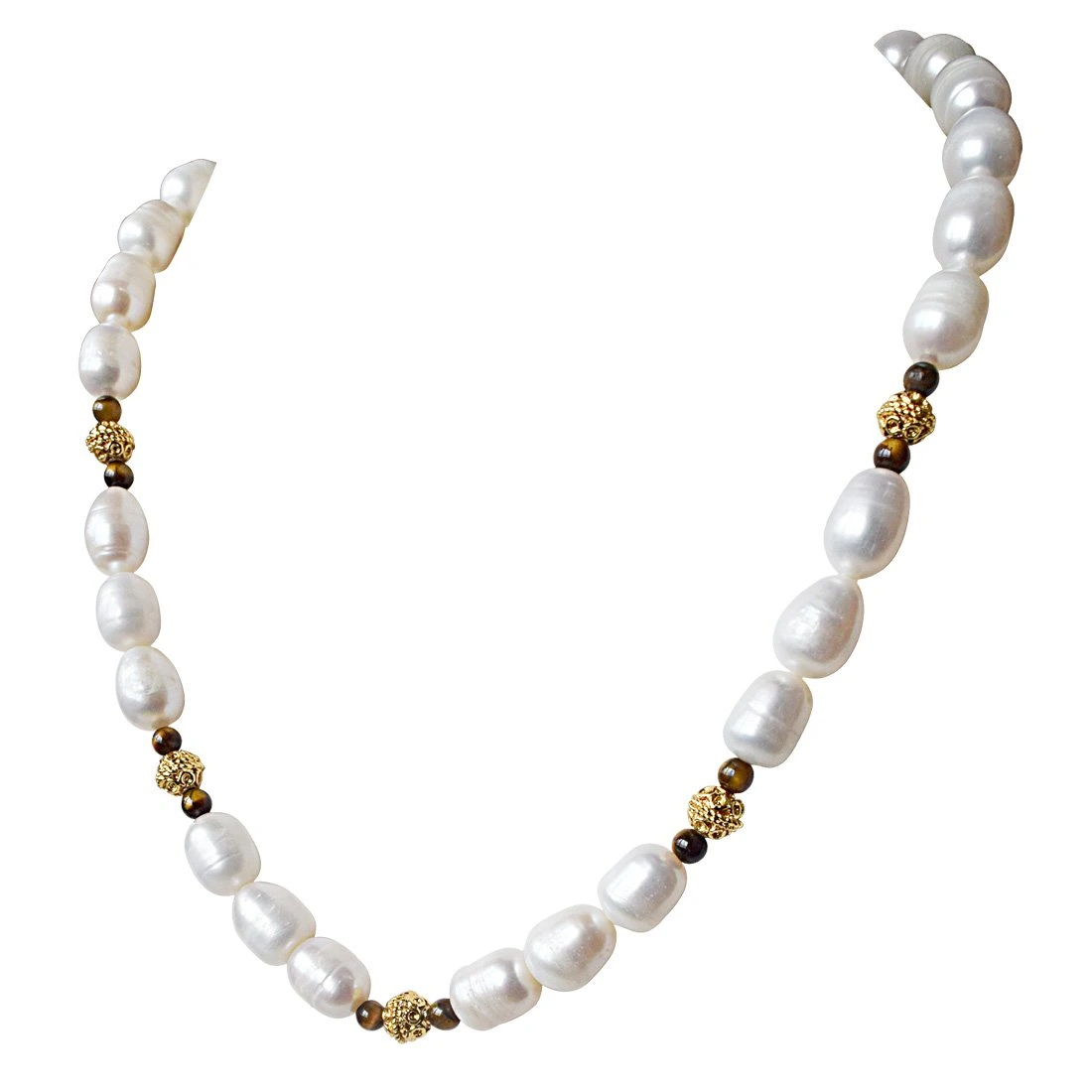 Single Line Tiger Eye, Big Elongated Pearl and Gold Plated Ball Necklace for Women (SN923)