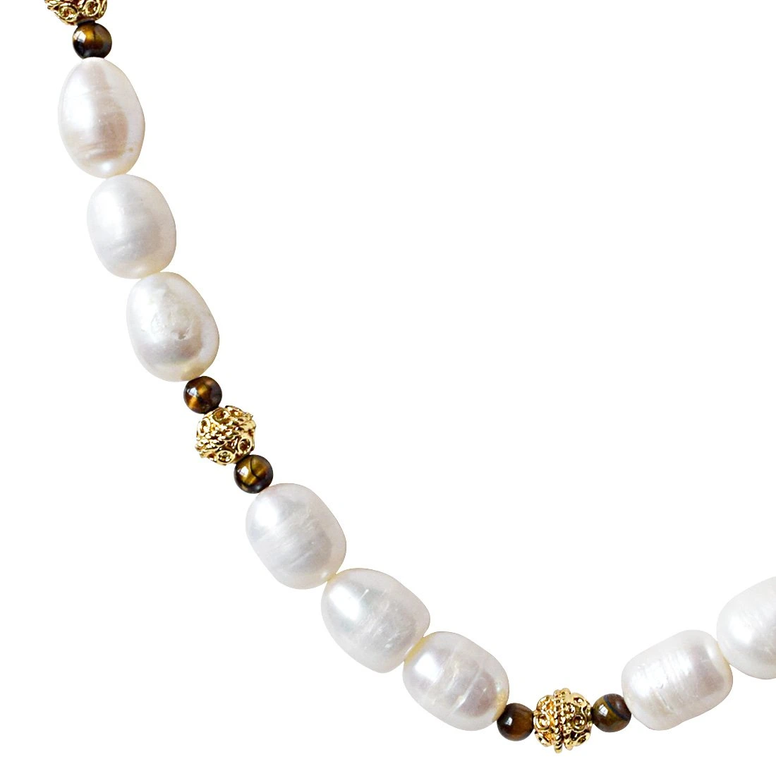 Single Line Tiger Eye, Big Elongated Pearl and Gold Plated Ball Necklace for Women (SN923)