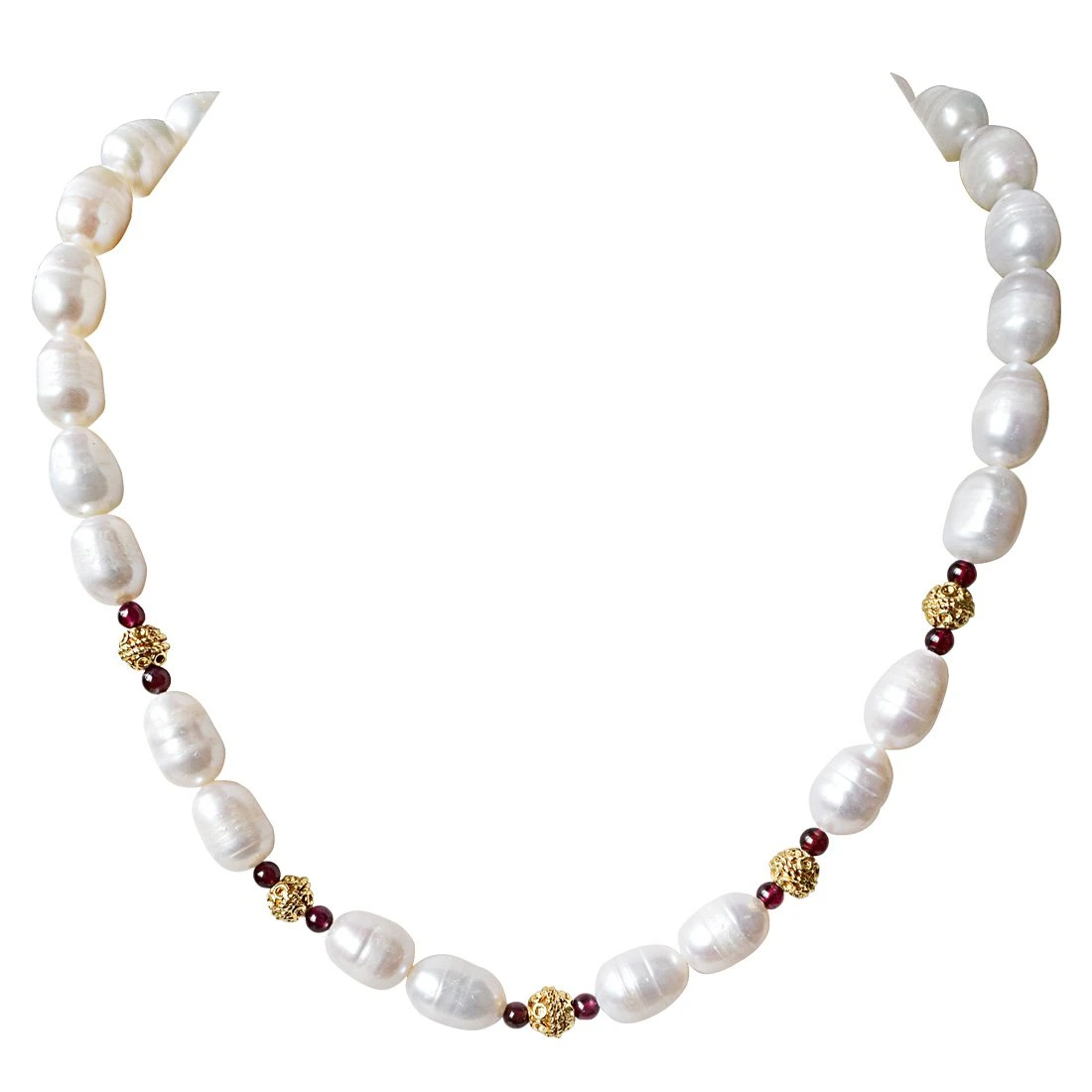 Single Line Red Garnet, Big Elongated Pearl and Gold Plated Ball Necklace for Women (SN924)