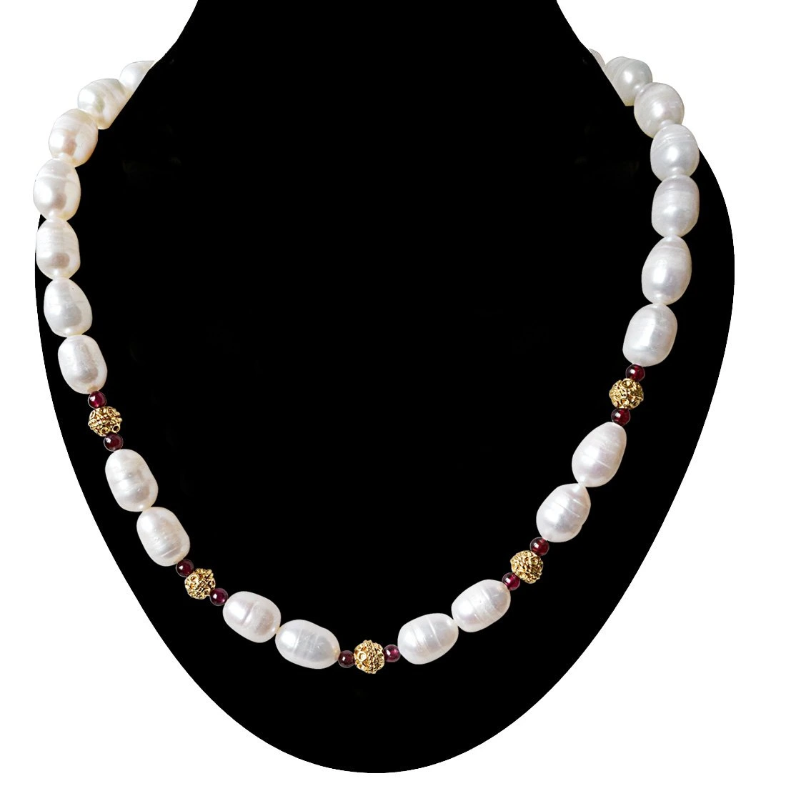 Single Line Red Garnet, Big Elongated Pearl and Gold Plated Ball Necklace for Women (SN924)