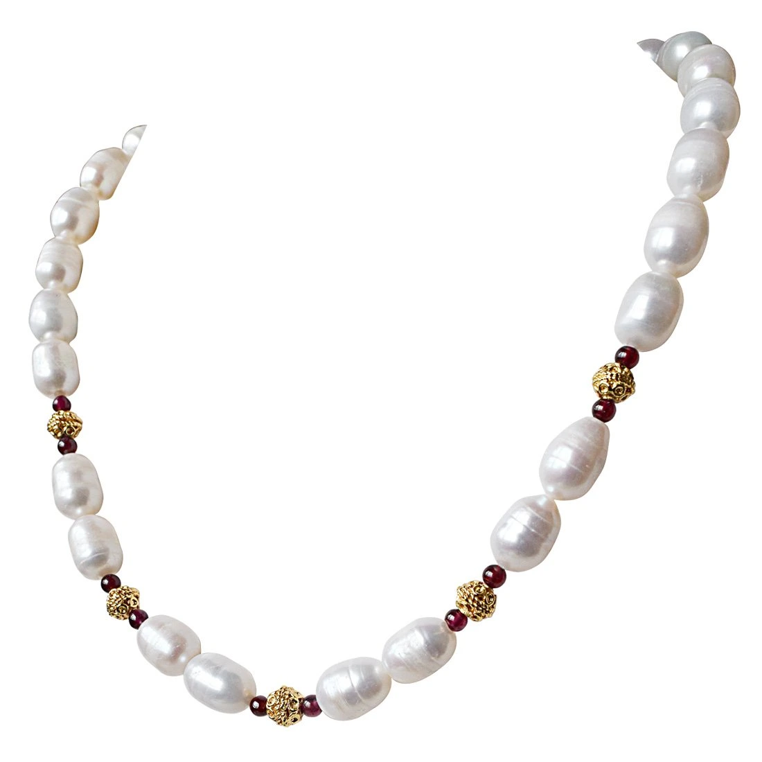 Single Line Red Garnet, Big Elongated Pearl and Gold Plated Ball Necklace for Women (SN924)