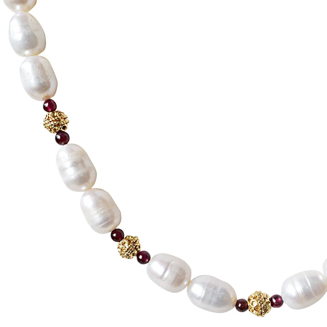 Single Line Red Garnet, Big Elongated Pearl and Gold Plated Ball Necklace for Women (SN924)