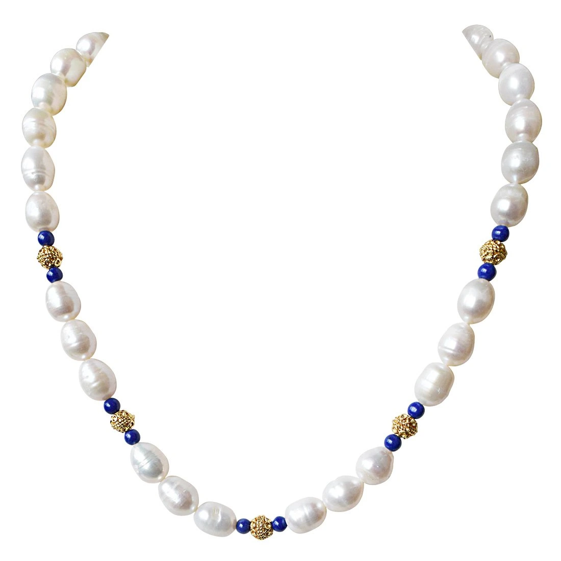 Single Line Blue Lapiz, Big Elongated Pearl and Gold Plated Ball Necklace for Women (SN925)