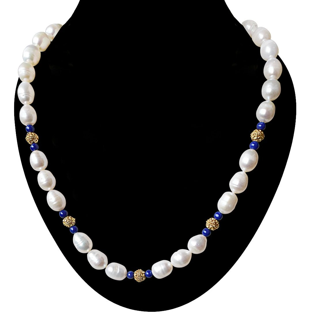 Single Line Blue Lapiz, Big Elongated Pearl and Gold Plated Ball Necklace for Women (SN925)