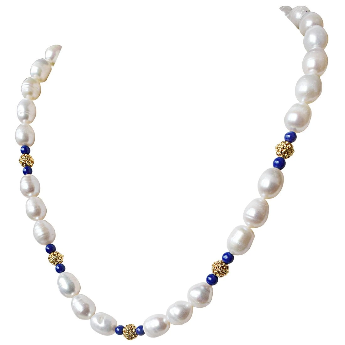 Single Line Blue Lapiz, Big Elongated Pearl and Gold Plated Ball Necklace for Women (SN925)