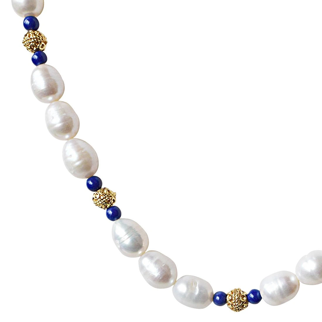 Single Line Blue Lapiz, Big Elongated Pearl and Gold Plated Ball Necklace for Women (SN925)