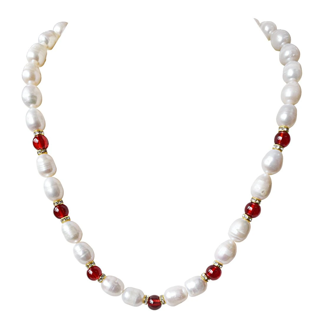 Single Line Big Elongated Pearl and Red Stone Necklace for Women (SN926)