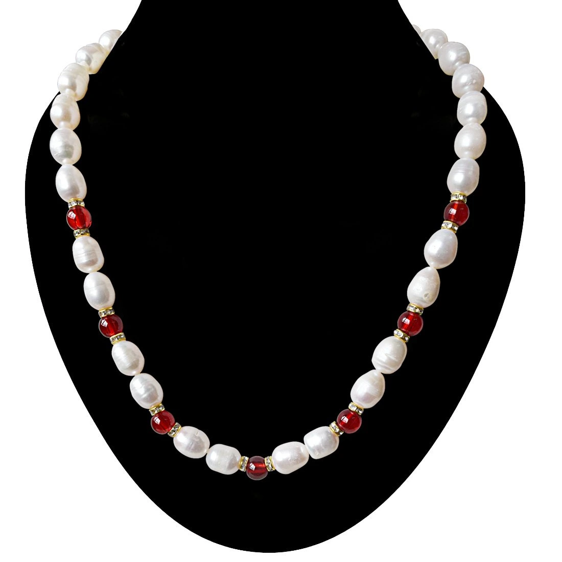 Single Line Big Elongated Pearl and Red Stone Necklace for Women (SN926)