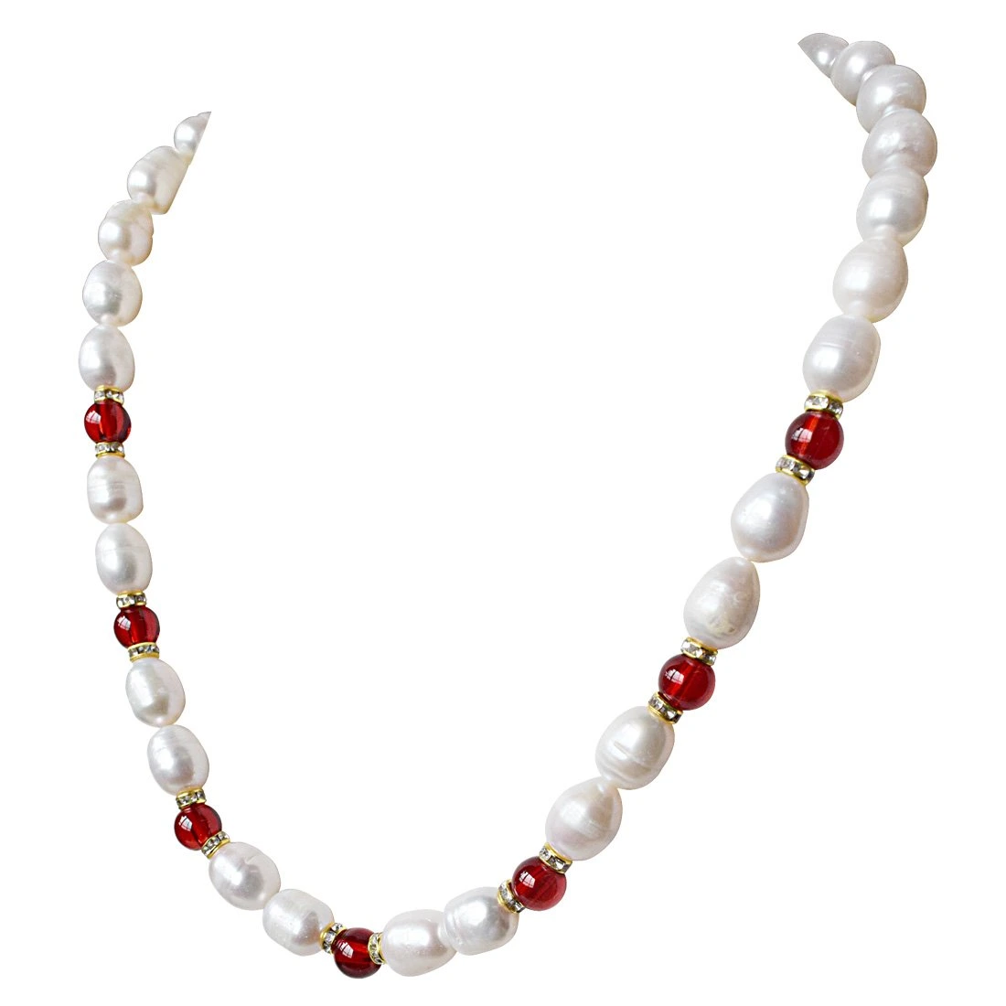 Single Line Big Elongated Pearl and Red Stone Necklace for Women (SN926)