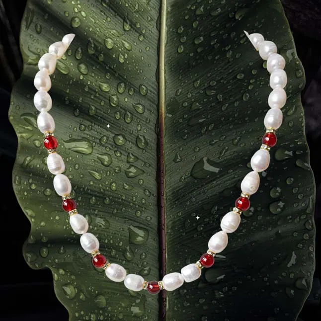 Single Line Big Elongated Pearl and Red Stone Necklace for Women (SN926)