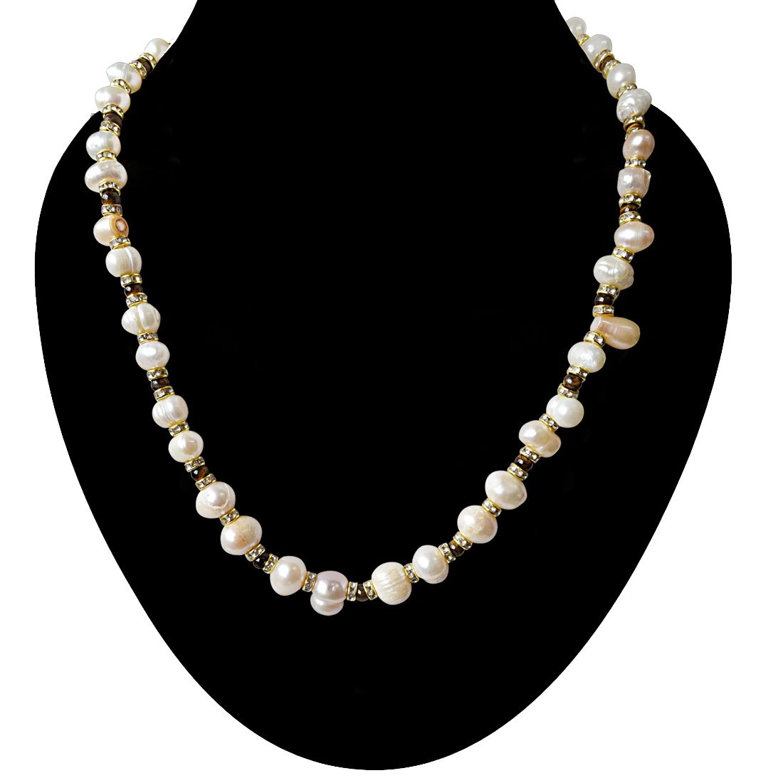 Single Line Big Freshwater Pearl and Brown Tiger Eye Beads Necklace for Women (SN927)