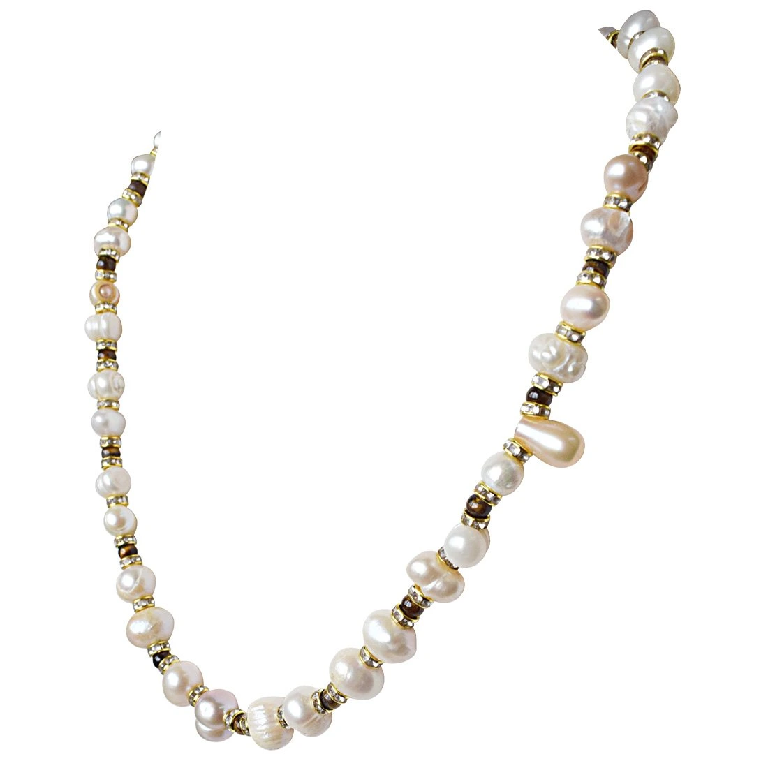 Single Line Big Freshwater Pearl and Brown Tiger Eye Beads Necklace for Women (SN927)