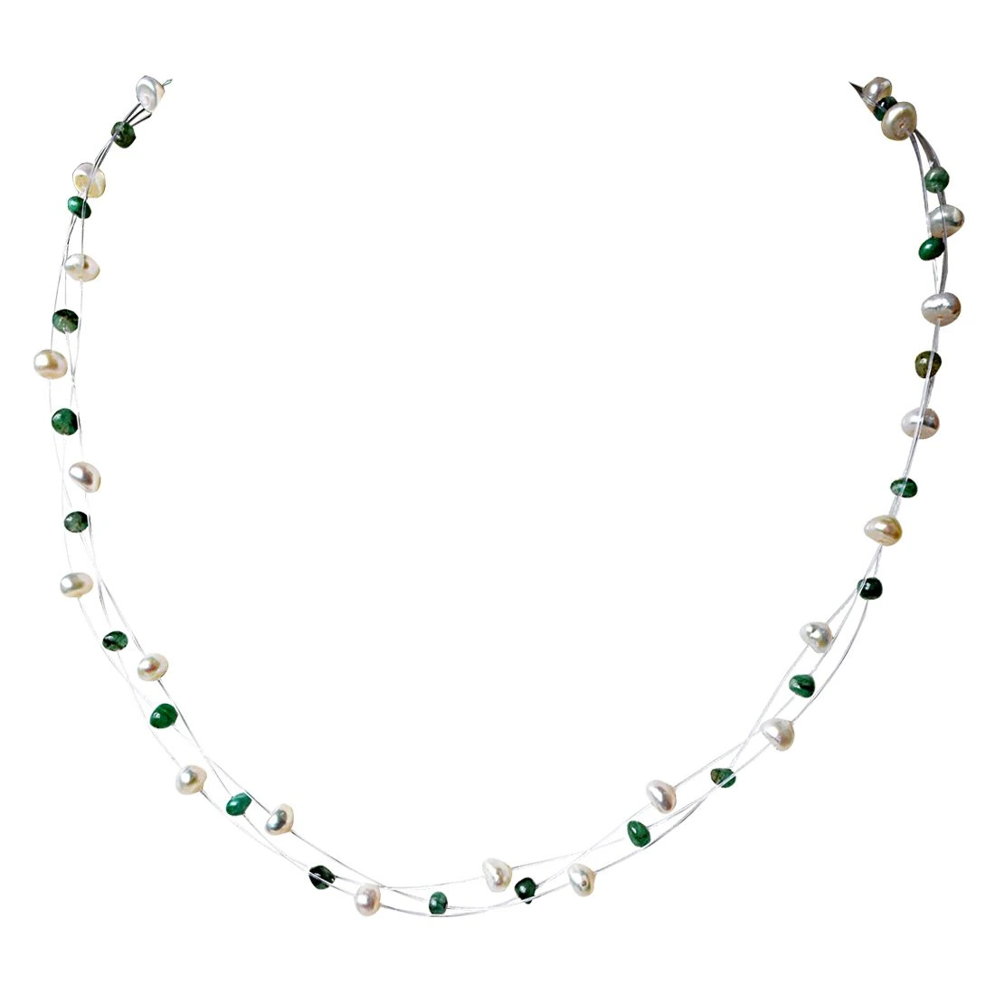3 Line Trendy Wire Style Real Green Emerald Beads and Freshwater Pearl Necklace for Women (SN931)