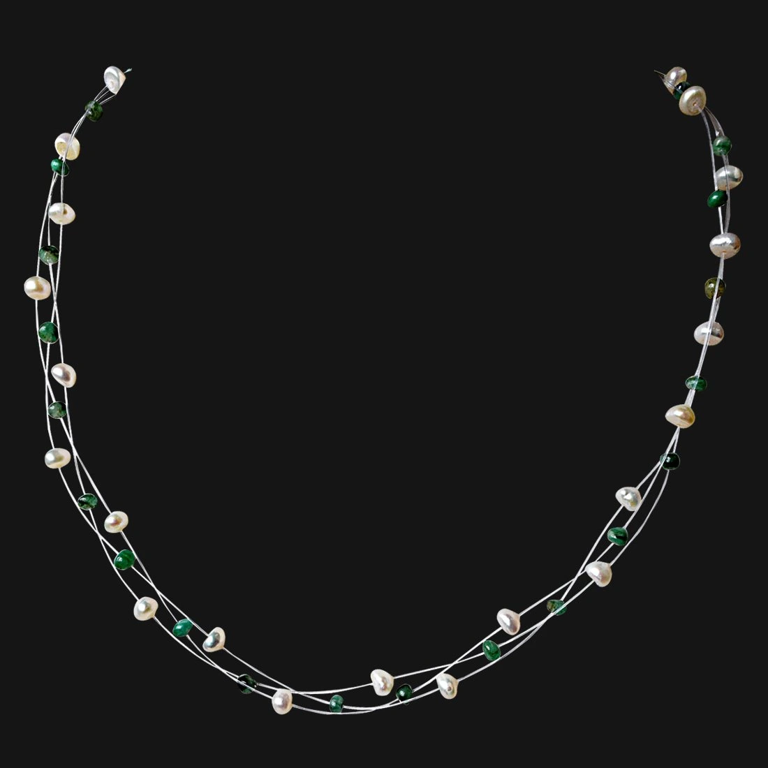 3 Line Trendy Wire Style Real Green Emerald Beads and Freshwater Pearl Necklace for Women (SN931)