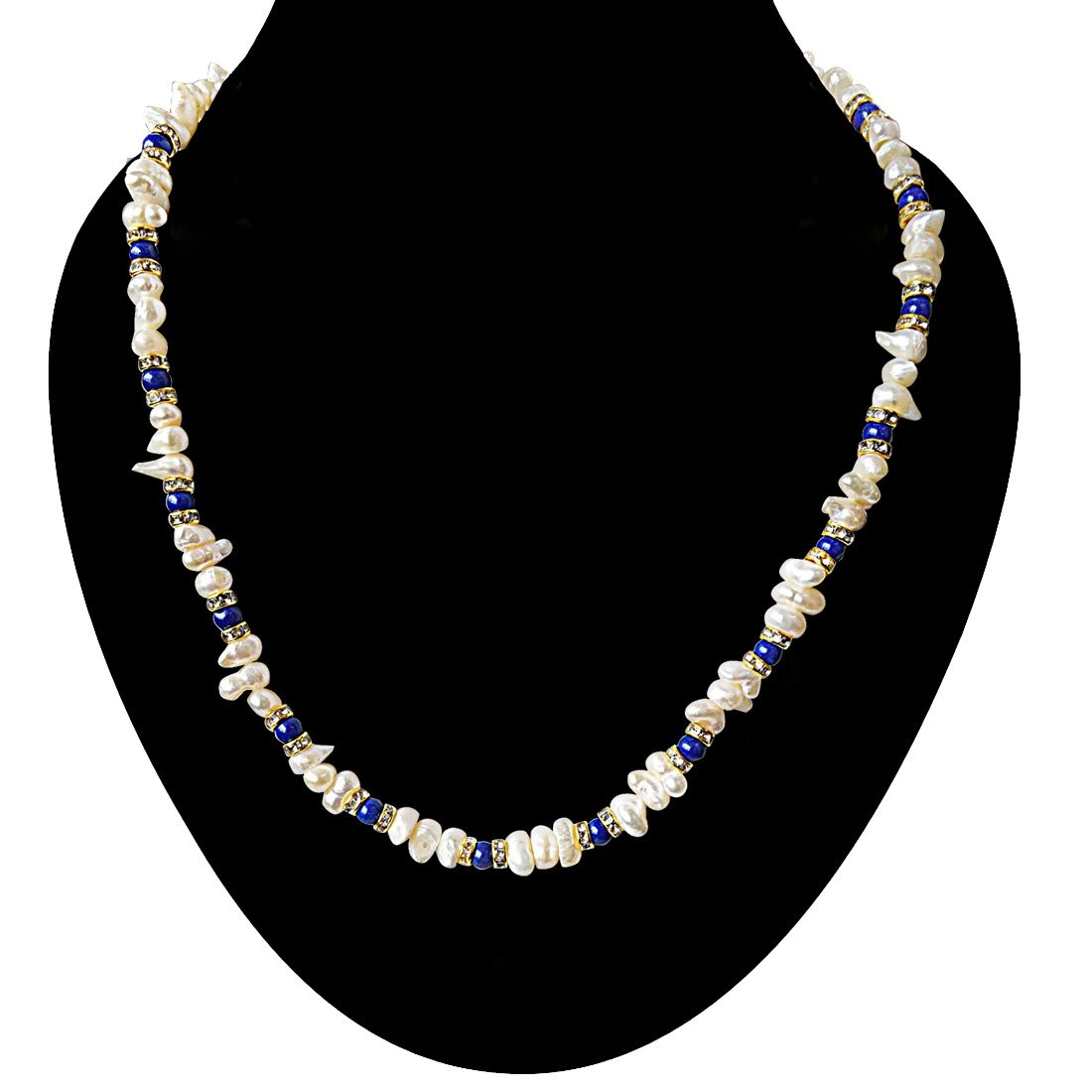 Single Line Blue Lapiz Beads and Freshwater Pearl Necklace for Women (SN933)