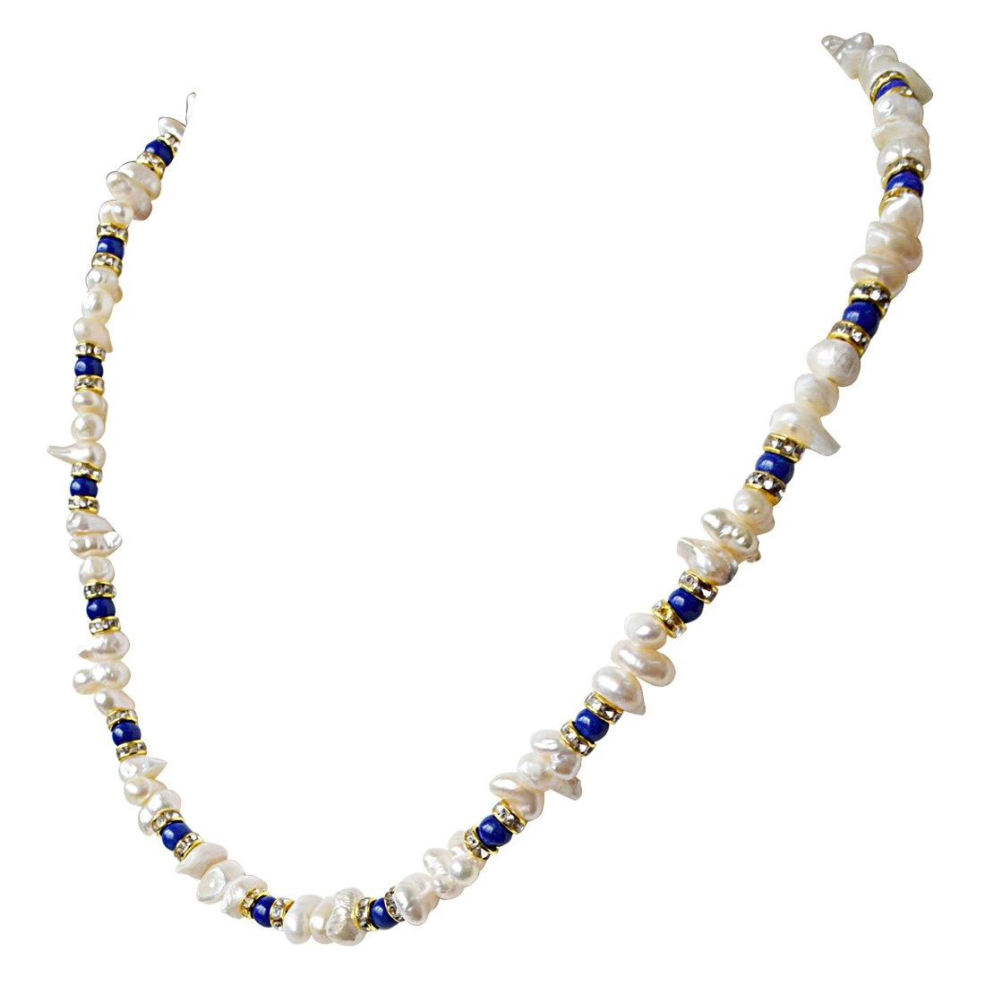 Single Line Blue Lapiz Beads and Freshwater Pearl Necklace for Women (SN933)