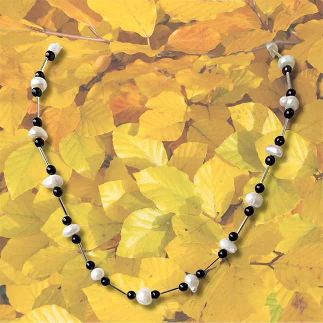 Trendy Black Onyx Beads, Silver Plated Pipe and Freshwater Pearl Necklace for Women (SN934)