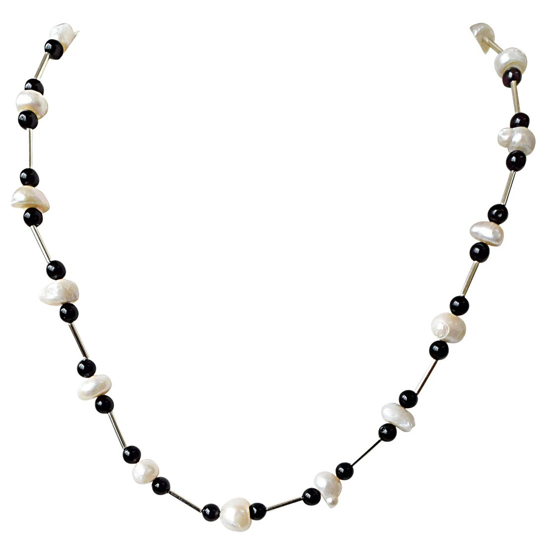 Trendy Black Onyx Beads, Silver Plated Pipe and Freshwater Pearl Necklace for Women (SN934)