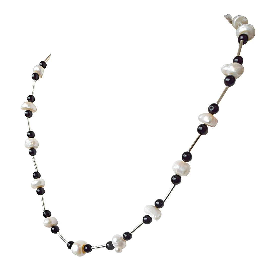 Trendy Black Onyx Beads, Silver Plated Pipe and Freshwater Pearl Necklace for Women (SN934)