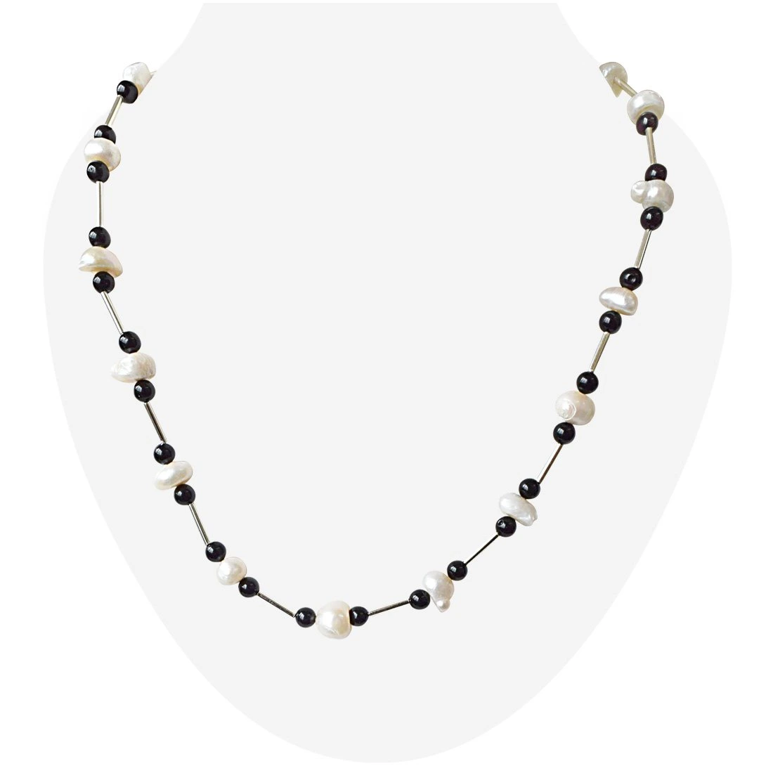 Trendy Black Onyx Beads, Silver Plated Pipe and Freshwater Pearl Necklace for Women (SN934)