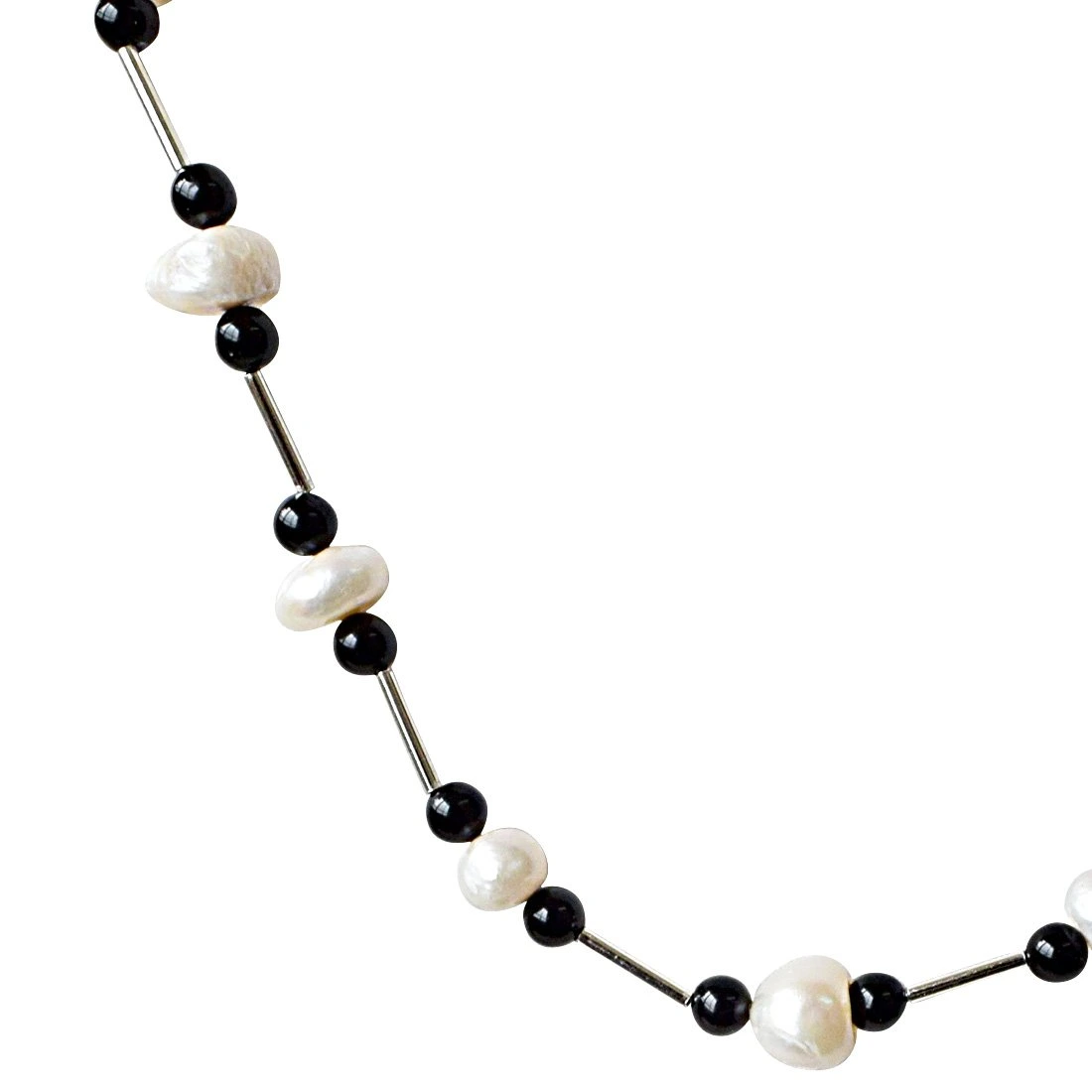 Trendy Black Onyx Beads, Silver Plated Pipe and Freshwater Pearl Necklace for Women (SN934)