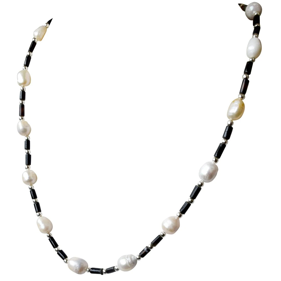 Trendy Black Onyx Pipes, Silver Plated Beads and Freshwater Pearl Necklace for Women (SN935)