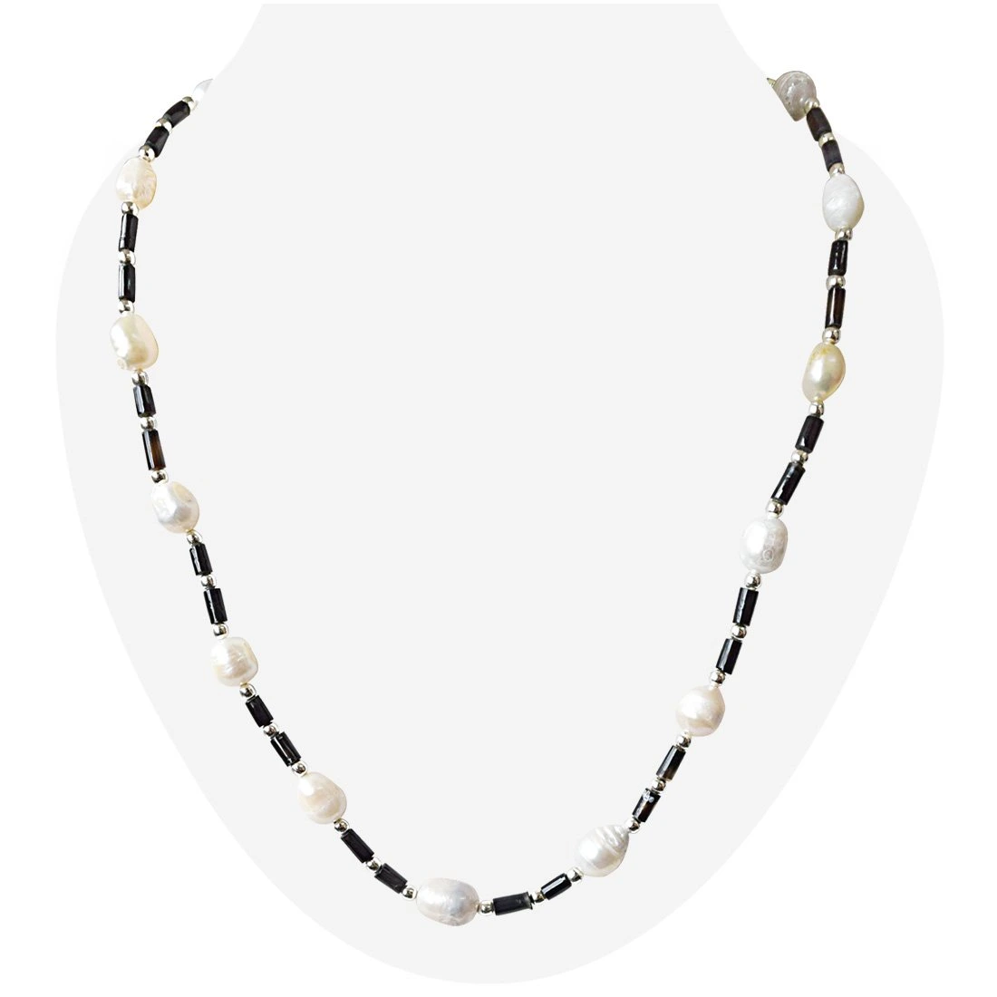 Trendy Black Onyx Pipes, Silver Plated Beads and Freshwater Pearl Necklace for Women (SN935)