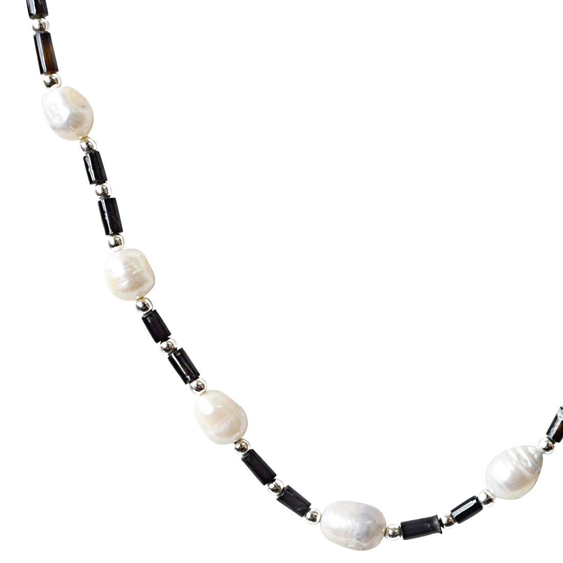Trendy Black Onyx Pipes, Silver Plated Beads and Freshwater Pearl Necklace for Women (SN935)
