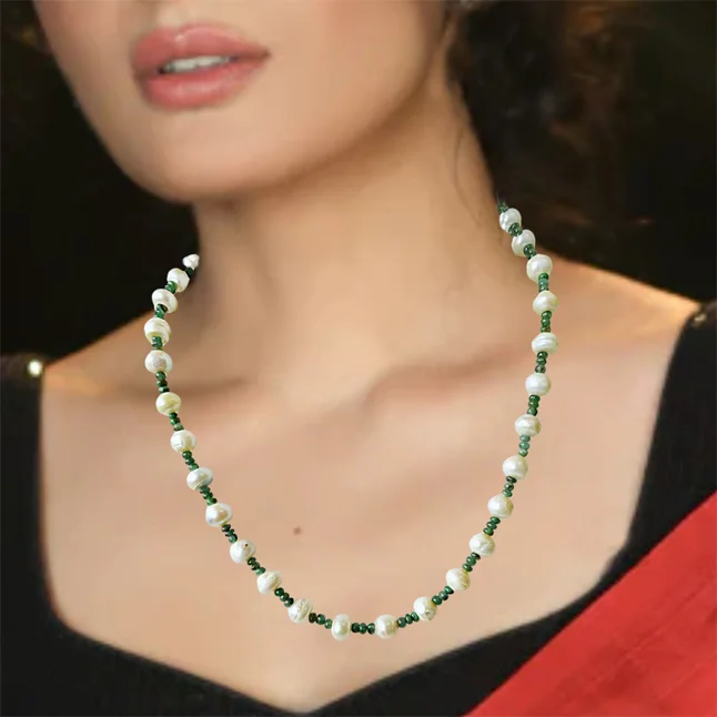 Single Line Real Green Emerald Beads and Freshwater Pearl Necklace for Women (SN936)