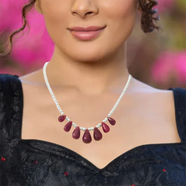 70cts Real Drop Ruby, Freshwater Pearl Necklace for Women (SN950)