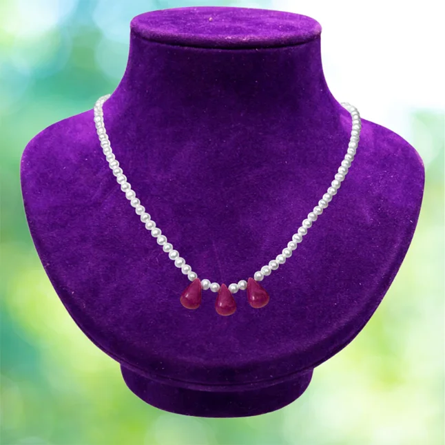 3 pcs 30cts Real Drop Ruby & Freshwater Pearl Necklace for Women (SN951)